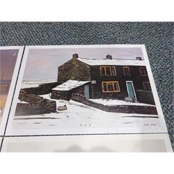 Peter Brook (British 1927-2009): 'New Year's Eve - 4 Fresh Men', 'B&B', 'Red Sky at Night', and 'Sheep in Winter', set four colour prints on Christmas cards signed in pencil  21cm x 30cm 
Provenance: commissioned for the Spring Ram Corporation, two cards dedicated to the vendor by company directors Bill Rooney and Bob Murray (whose initials spell RaM). The 'New Year's Eve - 4 Fresh Men' print is a variant of the alternative amended to reflect the Spring Ram connection: it contains a sign reading 'Rooney & Murray Plumbers', a sign for the 'Spring Inn' and a street called 'Ram Street'.