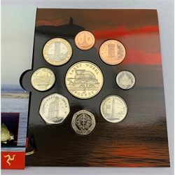 Queen Elizabeth II Isle of Man of man coinage including cased commemorative crowns, three 1980 'Isle of Man Decimal Coins' sets in grey folders of issue, 2006 'Decimal coin collection' in card folder, various cased one pound coins etc