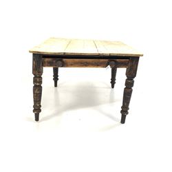 Victorian stained pine kitchen table, with scrub top and drawer to one end, raised on turned supports 122cm x 104cm, H73cm