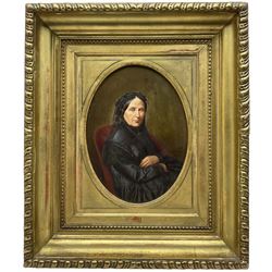 Alexandre Jean-Baptiste Theuvenot (French 19th century): Portrait of a Victorian Lady and Gentlemen, pair oval oils on panel signed and dated 1869, 23cm x 17cm (2)