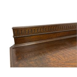 Early 20th century oak sideboard, raised back with arcade carving and bead design, rectangular top over two panelled cupboards flanking two drawers, raised on bulbus supports 