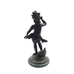After the Antique - Bronze figure of a child holding a basket of fruit on marble base H40cm