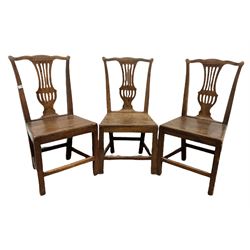 Set of three 18th century country elm dining chairs, with shaped crest rail, pierced splat back, panel seat, raised on square tapered supports 