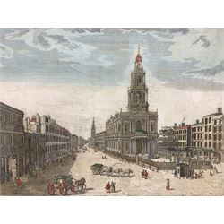 After N J B de Poilly (French fl.1712–1758): Sommerset Palace and Church of Saint Mary - Strand London, vue d'optique engraving with hand colouring 27cm x 39cm