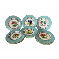 Late Victorian Coalport design dessert service individually painted with a centre panel of flowers within a pale blue border comprising eleven plates and a low comport