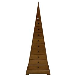 Hardwood pyramid chest, fitted with nine drawers