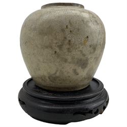 Chinese Provincial ginger jar on ebonised stand, H13cm, together with a circular brass charger 
