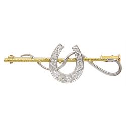 18ct white and yellow gold old cut diamond horseshoe and riding crop brooch 