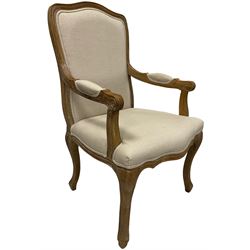 French design limed oak framed armchair, upholstered in linen fabric