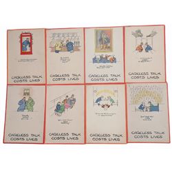Fougasse (Cyril Kenneth Bird; British 1887-1965): 'Careless Talk Costs Lives', complete set eight original colour lithograph World War Two propaganda posters each 32cm x 20cm (8)