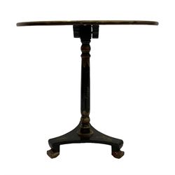 19th century chinoiserie design tilt-top table occasional table, circular top, raised on turned pedestal support with triform base terminating in gilt painted claw feet, black and gold finish with scenes of flowers and cranes