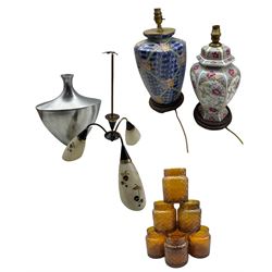 Aluminium vase H42cm, vintage three branch light fitting, Pair of Oriental style pottery table lamps and a set of seven Yankee Candle amber glass candle holders H18cm 