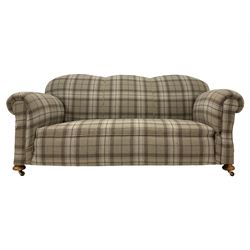 Late 19th century Chesterfield settee with drop end, upholstered in grey Abraham Moon check fabric