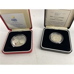 The Royal Mint United Kingdom 1989 silver proof two pound two coin set, 1995 silver proof piedfort two pounds and 1997 silver proof five pound coin, all cased with certificates