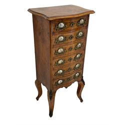 Early to mid-20th century walnut chest, shaped and moulded crossbanded top over six drawers, ornate foliate cast brass handles with inset oval porcelain decorated with courting scenes, on cabriole supports with cartouche mounts