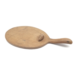 'Mouseman' oak cheeseboard of oval form with raised handle, by Robert Thompson of Kilburn, D56cm, H47cm