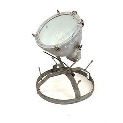 Early to mid 20th century industrial metal spot light/ search light, on a circular adjustable base H75cm