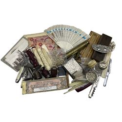 Collectables to include an early 20th century pierced bone fan, two 19th century Cantonese bodkin cases, early 20th century silver-plated pierced belt buckle, folding knives, lighters, two drawer brass microscope and miscellanea 
