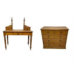 Victorian ash chest with two short and three long graduated drawers raised on a plinth base, together with ash dressing table with swing mirror over two short and on faux drawer, raised on turned supports    