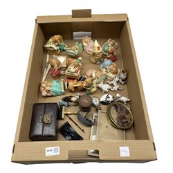 Thirteen Pendelfin figures, Wade and Beswick animals, leather jewellery box etc