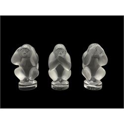 Set of three Lalique 'Wise Monkeys' See No Evil, Speak No Evil, Hear No Evil, each signed Lalique France, H7cm max (3)