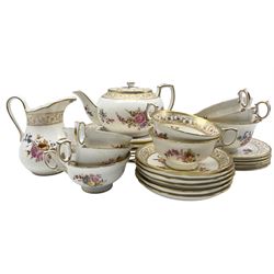 Hammersley 'Dresden Sprays' tea set for six comprising teapot, sugar bowl, milk jug, seven teacups, six saucers, six tea plates, six plates and one side plate, pattern no. 12673, retailed by T. Goode & Co. London