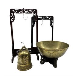 Chinese bronze gong , the bell incised with Dragons and floral decoration with hardwood frame (a/f) together with a Chinese brass bowl (2)