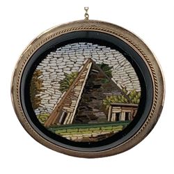 19th century Italian micromosiac brooch depicting the Cestia Pyramid, in black onyx oval setting, mounted in 9ct rose gold with ropetwist wirework, 3.9cm x 3.4cm  
