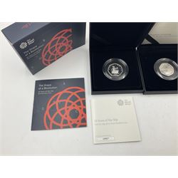 Two The Royal Mint United Kingdom 2019 silver proof piedfort fifty pence coins, comprising 'Celebrating the Life of Stephen Hawking' and '50 Years of the 50p', both cased with certificates (2)