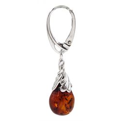 Pair of silver pear shaped Baltic amber pendant earrings, stamped 925 