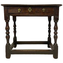 William and Mary oak side table, moulded two plank top over frieze drawer, with foliate decorated escutcheon and scrolled brass drop handles, on turned supports joined by plain stretchers 