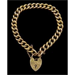 Edwardian 9ct rose gold curb foliate engraved and plain link bracelet, with engraved heart locket clasp, Birmingham 1903