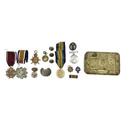 Polish Cross of Merit, pair of WWI War and Victory medals to 32019 Pte. H Coulson, Yorkshire Regt, 1914-15 Star to Pte. J Lynn, Royal Highlanders, buttons and badges etc in a Princess Mary gift tin