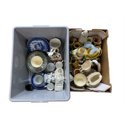 Sabino glass deer (a/f), Copenhagen plates, Staffordshire spill vase, Commemorative ware, etc in two boxes