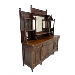 Early 20th century rosewood mirror back sideboard, one central bevelled edge mirror flanked by two shelves with floral decoration over base, fitted with one long and two short drawers and four cupboards with neo-classical decoration, raised on turned supports 