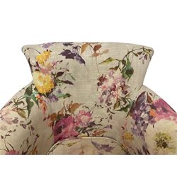 Pair French design armchairs, scrolled cresting rail and arms, upholstered in floral fabric, raised on square tapering supports