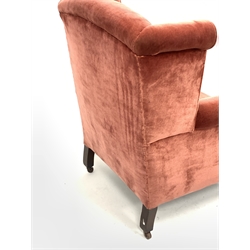Georgian design wingback armchair, upholstered in velvet, raised on cabriole supports and castors, W81cm
