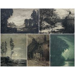Thomas Bonfrey Burton (Beverley 1886-1941): 'The Moon has Shone his Lamp Above' and Pastoral Scene, two aquatints; 'Glenoe Bridge County Antrim' 'Old Shop Walkergate Beverley' and 'A Mountain Road', three etchings signed and titled in pencil max 23cm x 16cm (5)