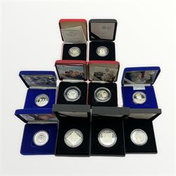 The Royal Mint United Kingdom silver proof coins comprising 2000 piedfort one pound, 2004 'Celebrating the 50th Anniversary of the Four-Minute Mile' fifty pence, 2007 'Scouts' fifty pence, two 2008 'Queen Elizabeth I' five pounds, four other five pound coins and 2009 'Shield of the Royal Arms' one pound, all cased with certificates (10)