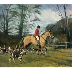 E Charles (British contemporary): Hunting Scene, oil on board signed, dressage scene painted on the verso 30cm x 34cm