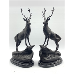  Large pair of bronzed Stags Joules Moigniez, on polished marble bases, H74cm  