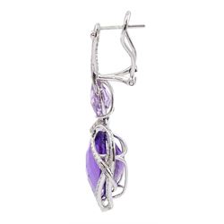 18ct white gold amethyst and diamond suite, comprising necklace, pair of pendant stud earrings and bracelet and ring, each with pear cut amethysts and round brilliant cut diamonds, stamped 750 