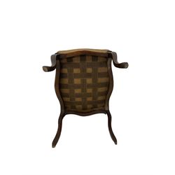 19th century mahogany footstool, upholstered in fabric, raised on cabriole supports 