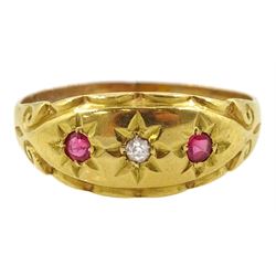Early 20th century 18ct gold gypsy set three stone pink stone and diamond ring