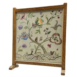 'Oakleafman' oak fire screen, with needlework panel depicting stylised animals, insects, flowers and acorns, carved with oakleaf signature, by David Langstaff of Easingwold, W60cm, H71cm