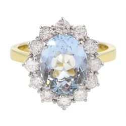 18ct gold oval aquamarine and round brilliant cut diamond cluster ring, hallmarked, aquamarine approx 2.50 carat, total diamond weight approx 0.85 carat