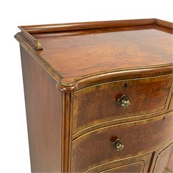 Mid-to-late 20th century parcel gilt walnut and amboyna tallboy chest, moulded serpentine top with raised back and quarter-matched veneers, fitted with two short and one long drawer over double cupboard, all with highly figured panels within bandings and gilt cock-beading, flanked by fluted uprights, on cabriole feet