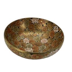 Japanese Satsuma gourd shape vase with gilt flowers and character mark to base H16cm, Satsuma plate D18cm with seal mark, Millefleur bowl and two other pieces (5)