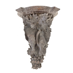 Large late 19th century Black Forest wall bracket carved with birds, grapes and leaves 52cm x 37cm