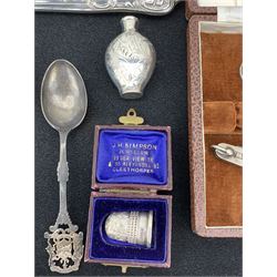 Cut glass globe scent bottle with silver cover, Millenium mark 2000, silver and mother of pearl trowel bookmark, Birmingham 1924, silver thimble by Charles Horner, silver topped glass bottles, small silver box, silver cased penknife and other items